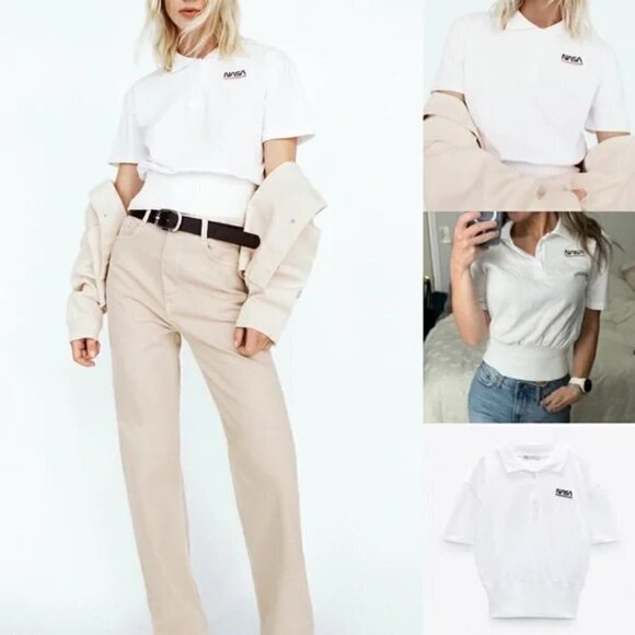 Zara Tops - New Zara Embroidered "NASA" Short Sleeve White Polo Shirt NWT Size Large